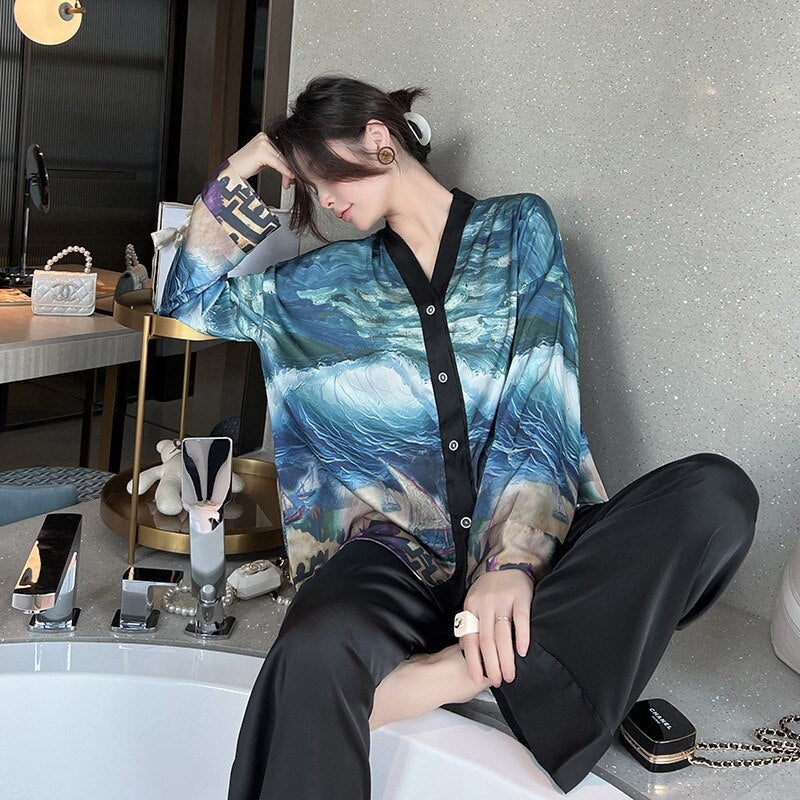 QSROCIO NEW Women's Pajamas Set Luxury Style Painting Print Sleepwear Satin Silky Touch Homewear V Neck Nightie Casual Home Suit