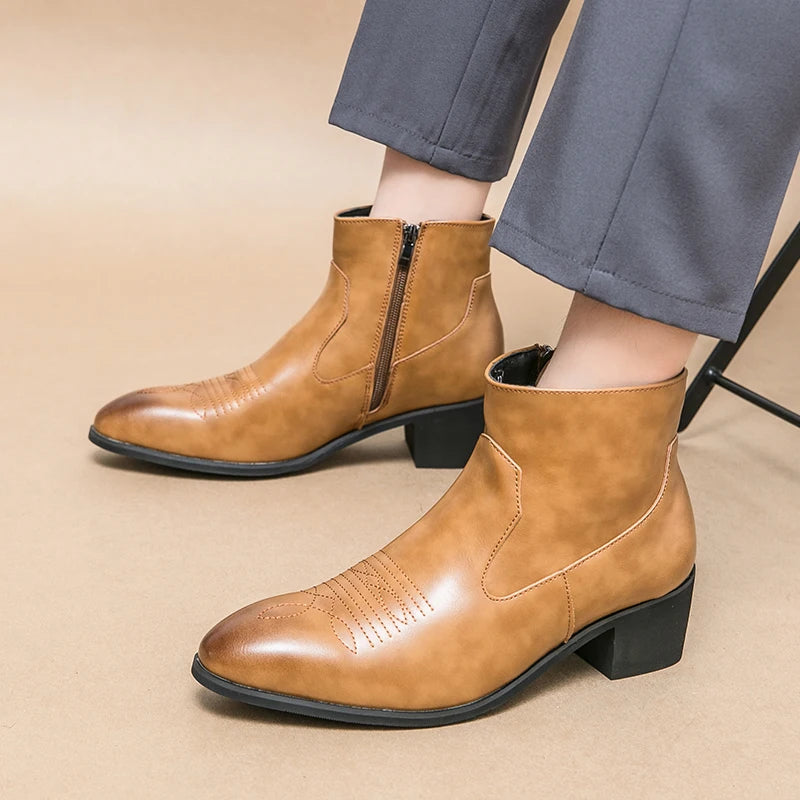 Men's Chelsea Boots Luxury Western Style Men Ankle Boots Slip-On Fashion Horse Boots Retro Winter Cowboy Boots Dress Boots ZIP