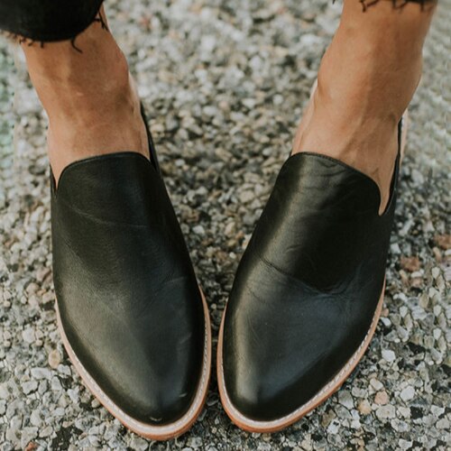 Woman Mid Thick Heels 2021 Women Leather Sewing Slipper Ladies Round Toe Women's Slip On Female Comfortable Shoes Plus Size 43