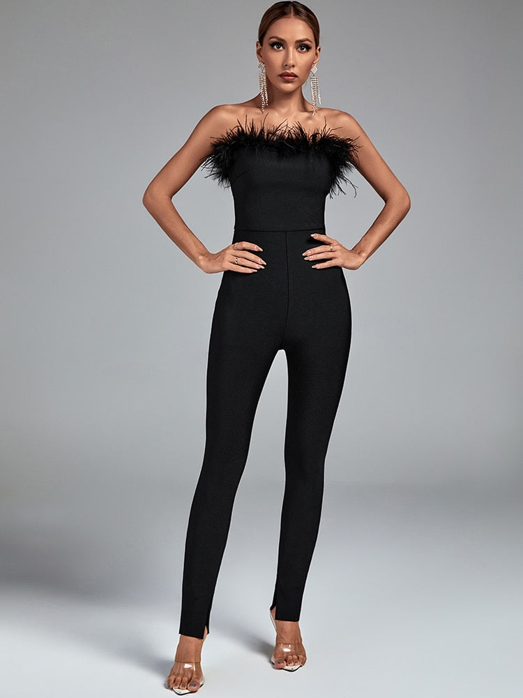 Feather Bandage Jumpsuit Women Black Bodycon Jumpsuit Evening Party Elegant Sexy Birthday Club Outfits 2022 Summer New Arrival