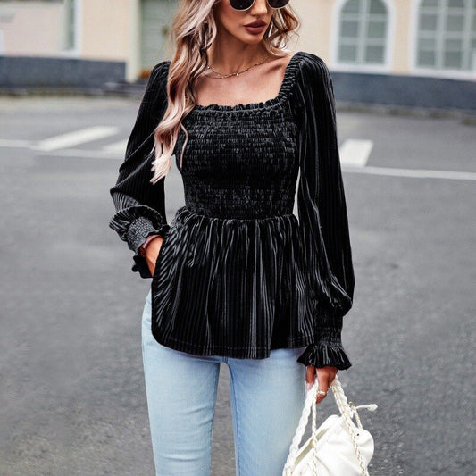 Elegant Velvet Women's Blouse Black Square Collar Long Sleeve Top Fashion Youth Ruffle Shirts Autumn Clothes For Women 2023 New
