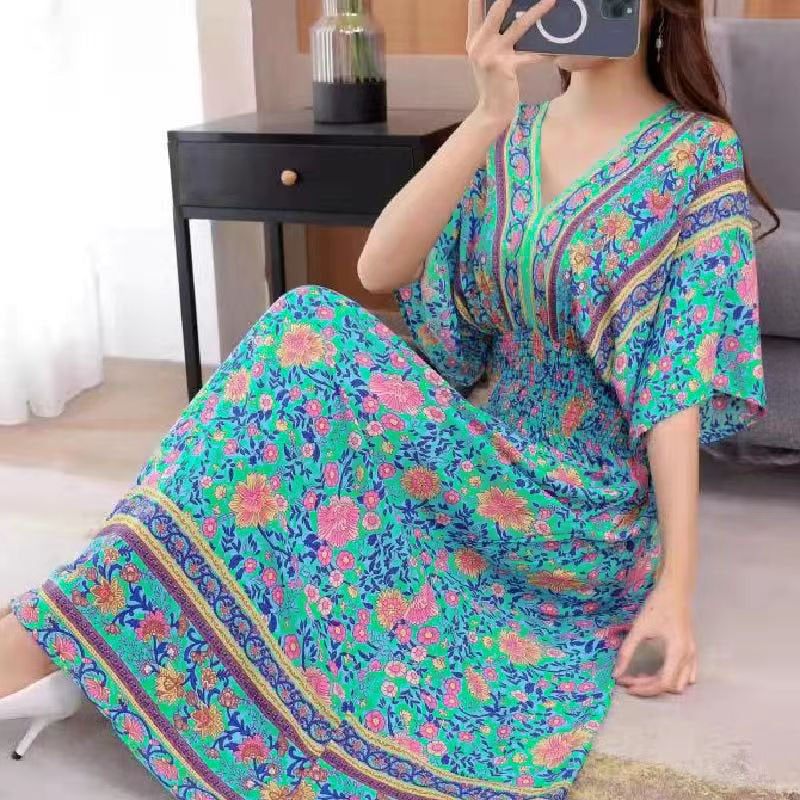 Casual Elegant Retro Style V-neck Tunic Large Swing Printed Dress Long Skirt
