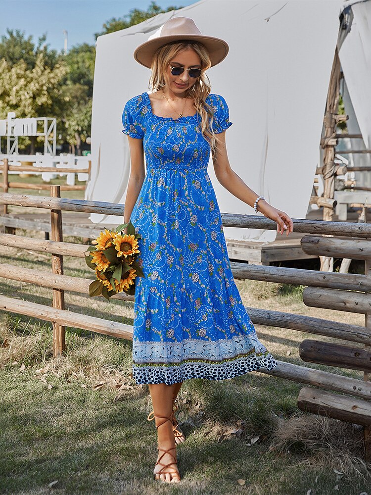 Summer Floral Long Dress Women Casual Ruffle Blue Short Sleeve Holiday Beach Dress Elegant Square Collar Midi Party Dresses 2022