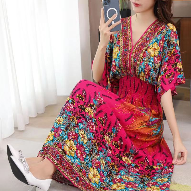 Casual Elegant Retro Style V-neck Tunic Large Swing Printed Dress Long Skirt