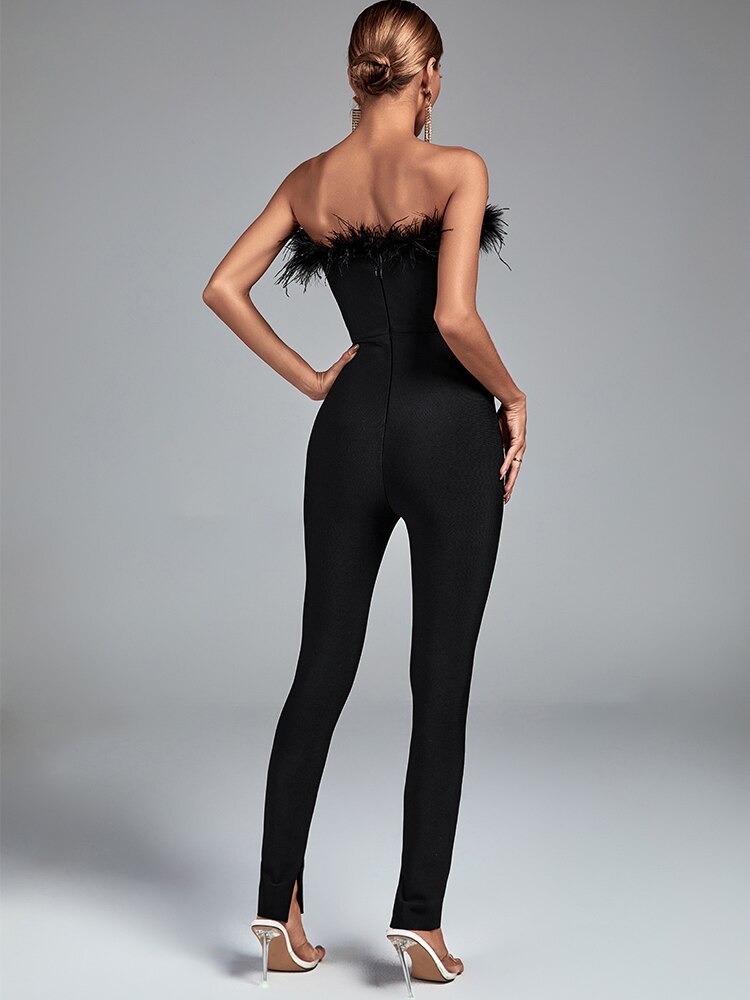 Feather Bandage Jumpsuit Women Black Bodycon Jumpsuit Evening Party Elegant Sexy Birthday Club Outfits 2022 Summer New Arrival