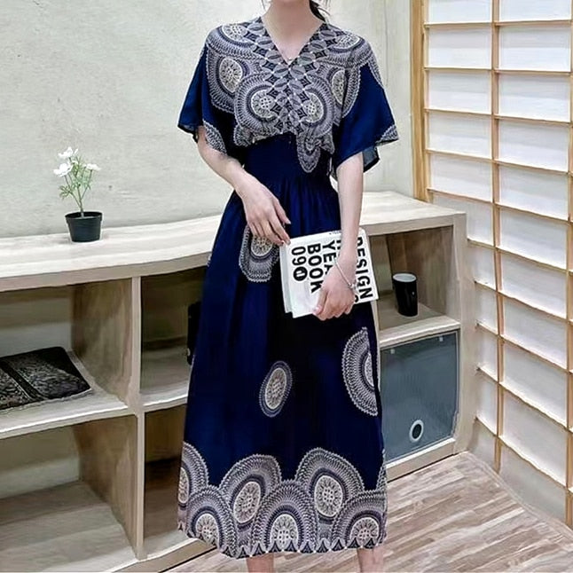 Casual Elegant Retro Style V-neck Tunic Large Swing Printed Dress Long Skirt