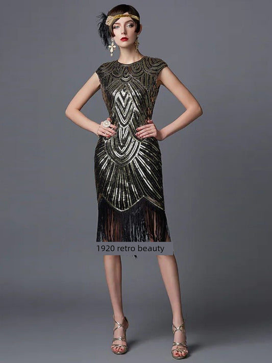 Vintage Beaded Tassel Party Ball Gown Sequined