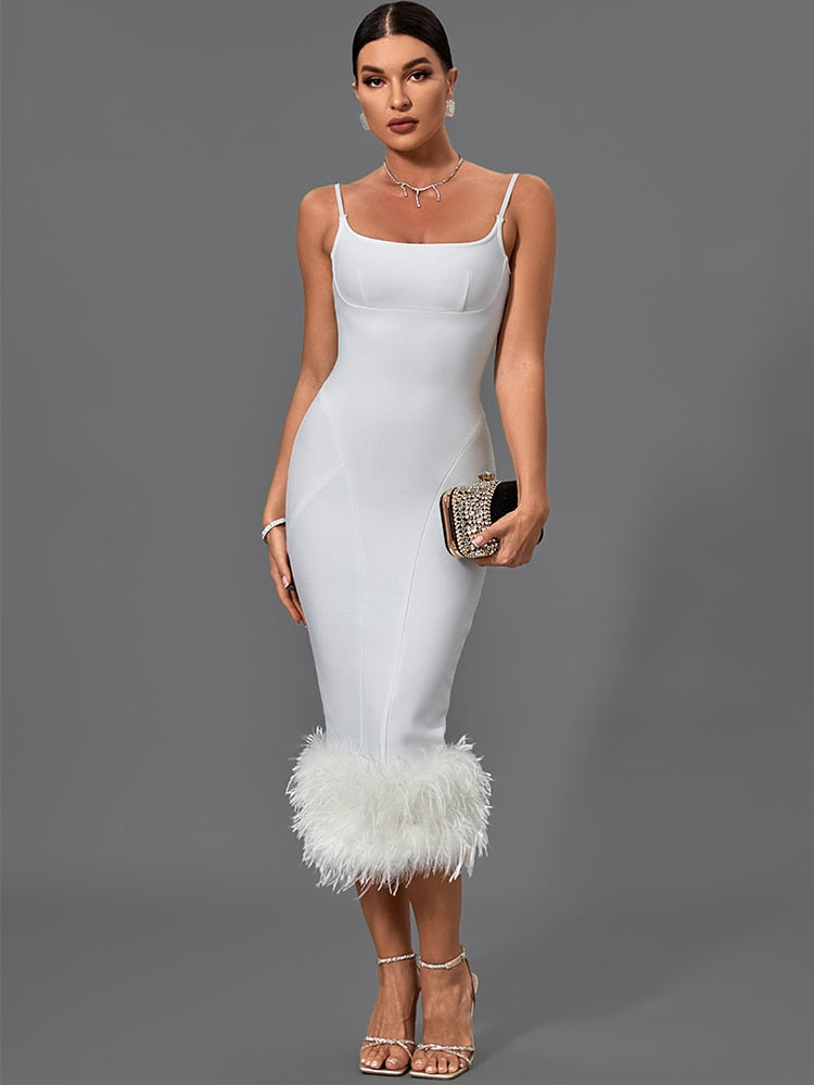 Feather Bandage Dress Women White Bodycon Dress Evening Party Elegant Sexy Midi Birthday Club Outfits 2022 Summer New Fashion