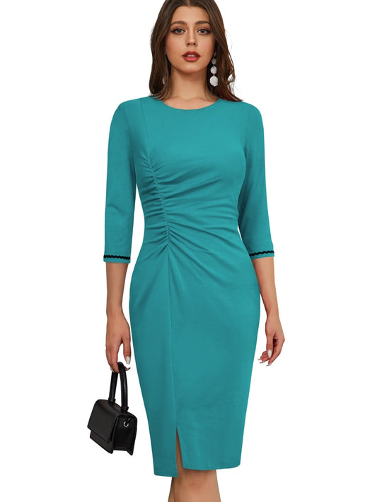 Nice-Forever Autumn Women Classy Lace Plain Elegant Dresses Formal Business Work Vintage Bodycon Dress B736