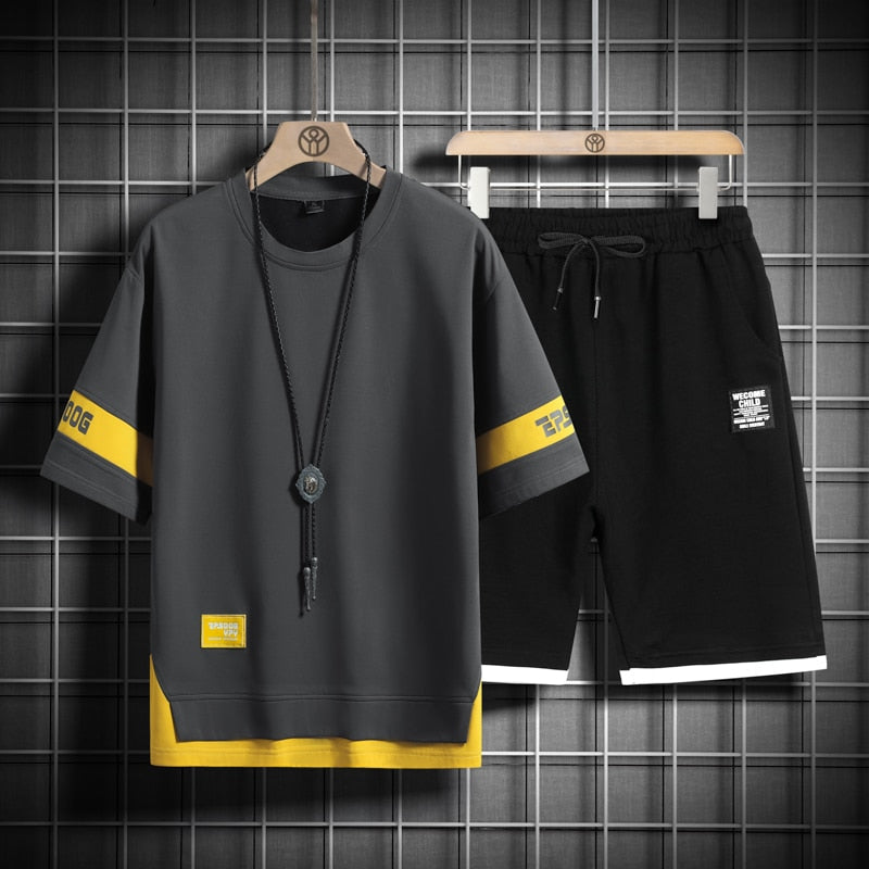 2023 Summer Black White Tracksuits For Men's Set Sleeves T-Shirt + Shorts Sportswear Brand Sporting Suit Oversize 5XL