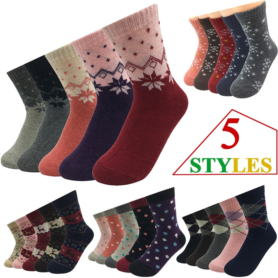 5 Pairs/Lot Wool Socks Women Warm Winter Snow Flower Deer Maple Leaf Pattern Cashmere Socks Ladies Girls Christmas Gift 5 Style