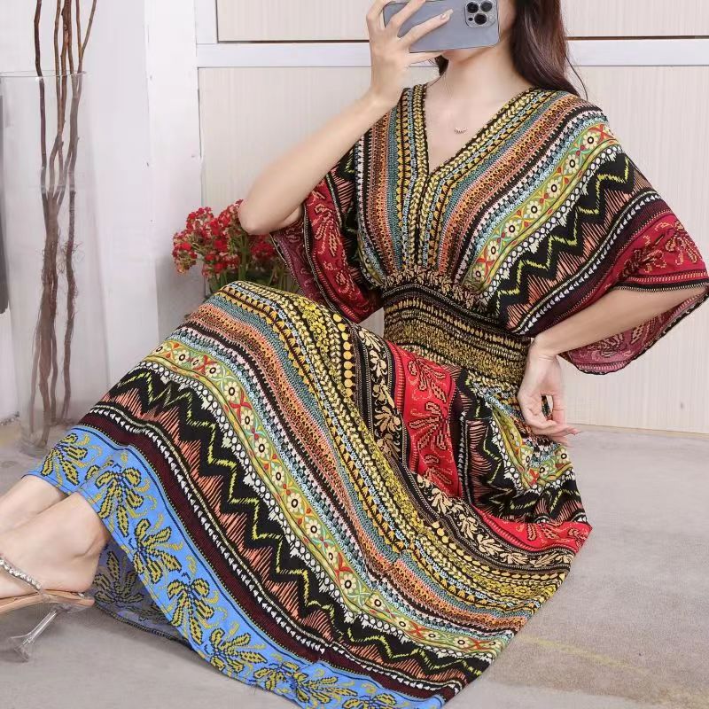 Casual Elegant Retro Style V-neck Tunic Large Swing Printed Dress Long Skirt
