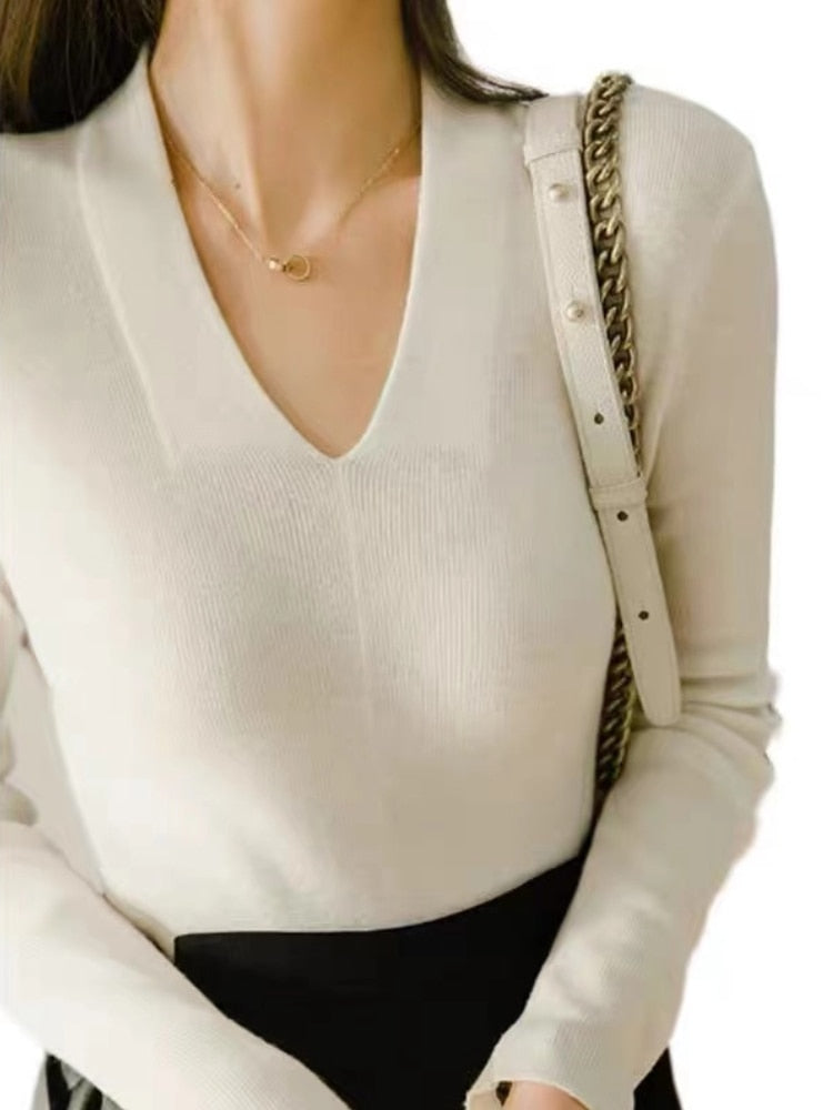 Knitted Sweater Women Long Sleeve Casual Elegant Pullover V Neck Outer Jumper Autumn Winter All Match Basic Tops Female Clothes