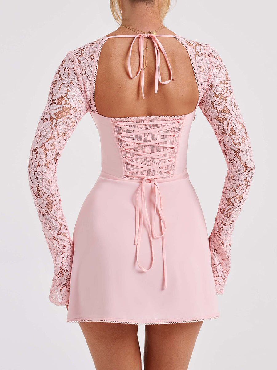 Y2k Women Tie-up Corset Dress Lace Patchwork Long Sleeve Mini Dress Sexy Low Cut Backless A-line Dresses for Cocktail Party