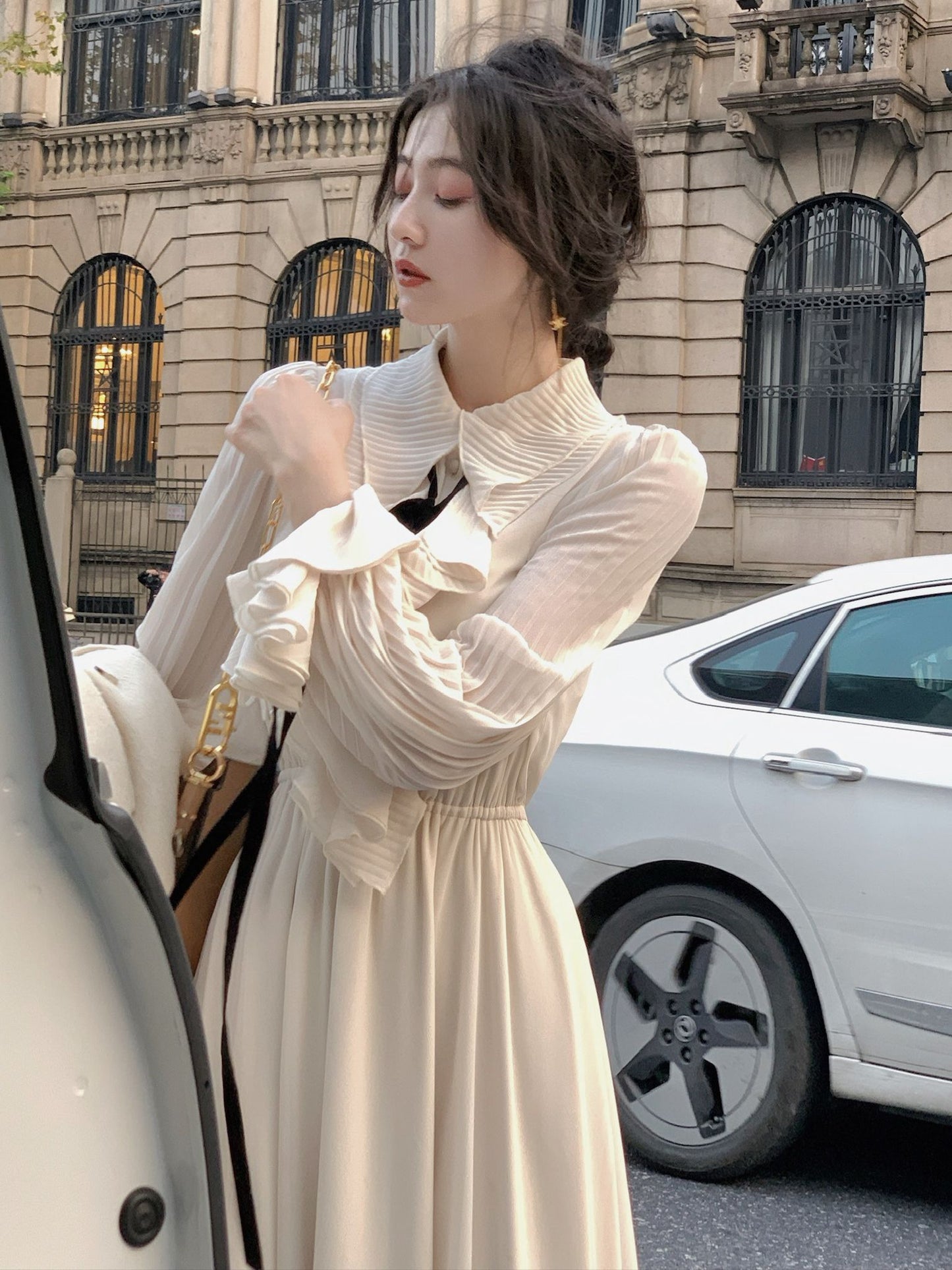 Autumn New Women Elegant Midi Retro French Style A Line Ruffles Dress Female Vestdios Vintage Fashion Party Prom Clothes