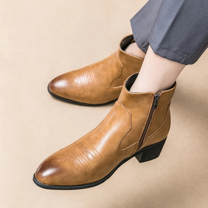 Men's Chelsea Boots Luxury Western Style Men Ankle Boots Slip-On Fashion Horse Boots Retro Winter Cowboy Boots Dress Boots ZIP
