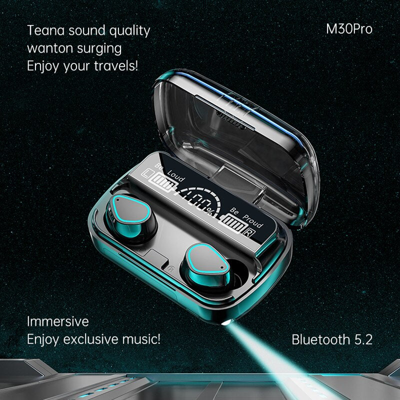 M30 Headphones Tws Bluetooth Earphones 5.2 9D Stereo with Flashlight Wireless Earbuds Waterproof Noise Reduction Headset