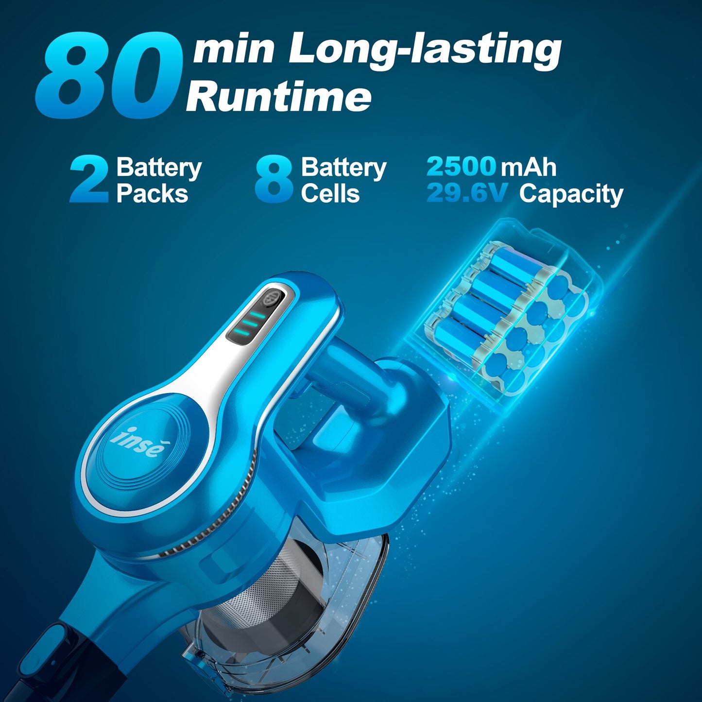 INSE Cordless Vacuum Cleaner 2 Batteries 250W Brushless Motor Multifunctional Stick Vacuum Cleaner Up to 80Min Runtime