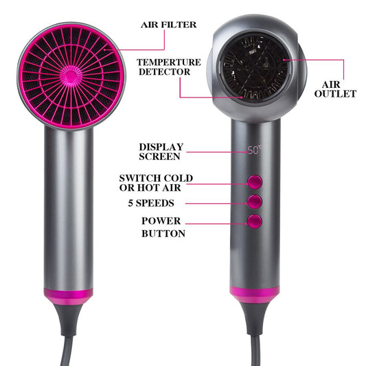 Anion Hair Dryer Hot and Cold Strong Wind Blower Powerful Smart Control Blow 5Speed 2 Gear Heat Setting Care Nozzle