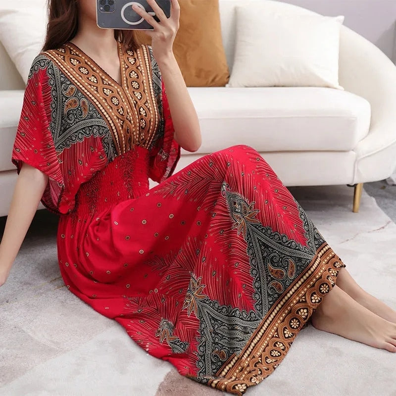 Casual Elegant Retro Style V-neck Tunic Large Swing Printed Dress Long Skirt
