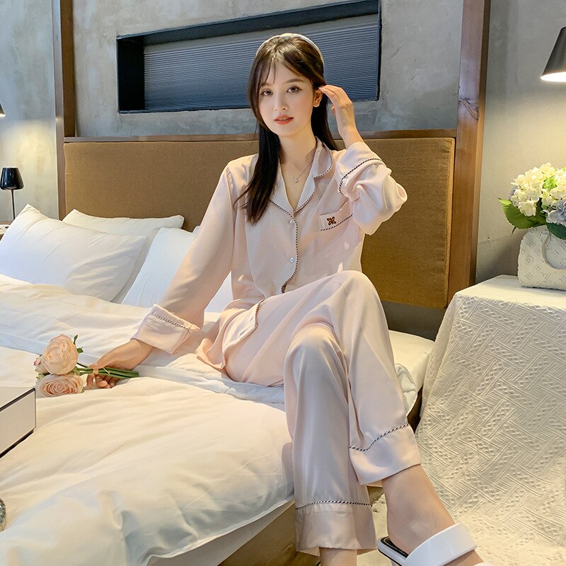 QSROCIO Women Solid Nightwear Spring Autumn Thin Long Sleeve Pant Two Piece Set Leisure Satin Silk Pajamas Fashion Home Clothing