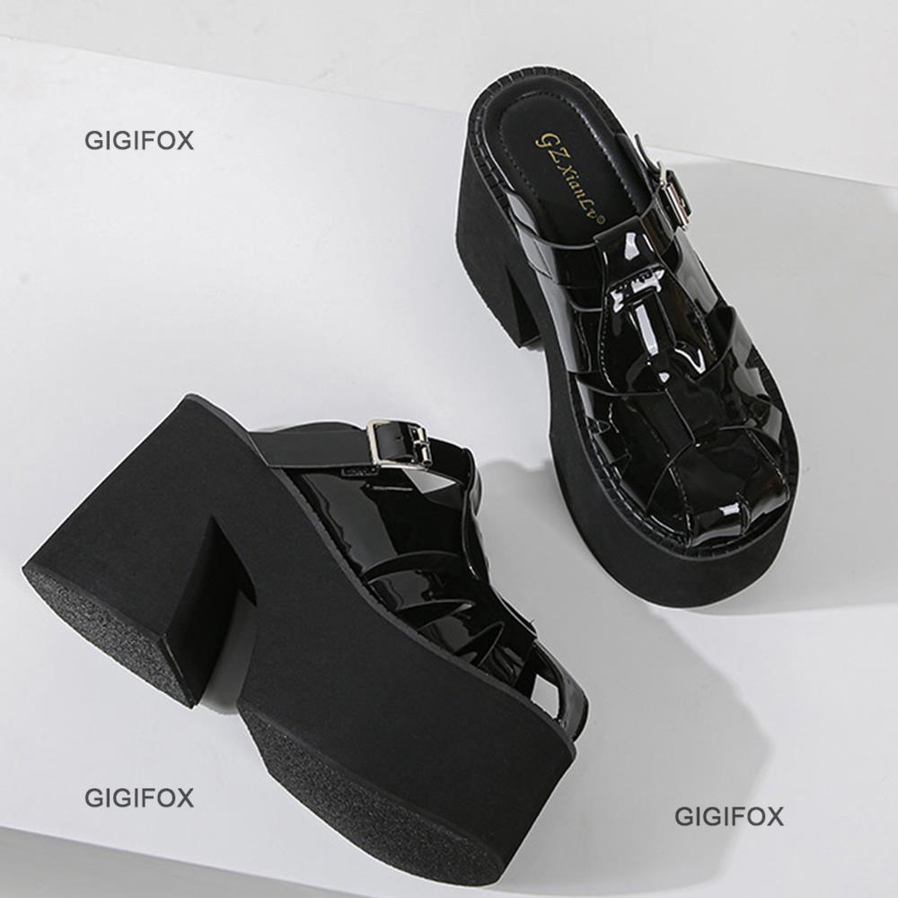 GIGIFOX Cover Toe Women Platform Chunky Heel Slides Sandals Slip On Cutout Goth Punk Style Casual Outdoor Mules Shoes Summer New