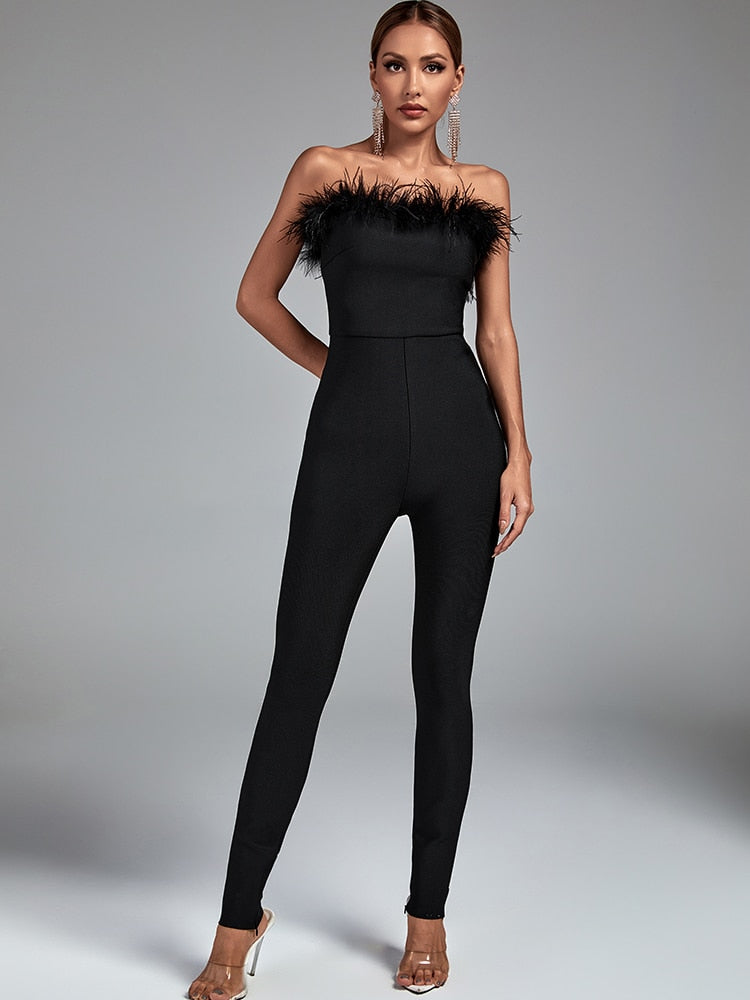 Feather Bandage Jumpsuit Women Black Bodycon Jumpsuit Evening Party Elegant Sexy Birthday Club Outfits 2022 Summer New Arrival