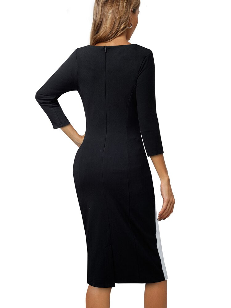 Nice-Forever Autumn Women Chic Contrast Color Patchwork Hollow Out Dresses Formal Business Elegant Bodycon Dress B762