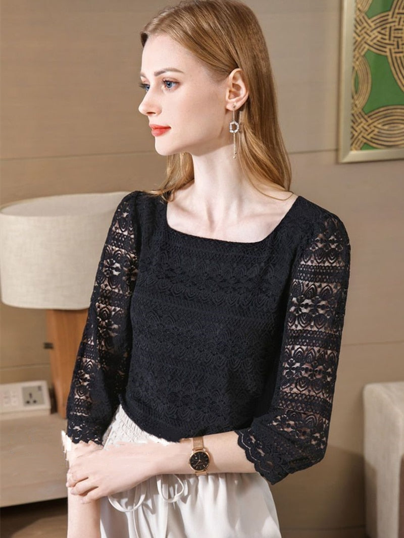 Sweet Elegant Casual Lace Clothes for Woman 2023 Summer Autumn Hollow-out Temperament Slim Top T-shirt and Blouses Basics Fairy