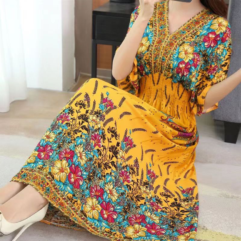 Casual Elegant Retro Style V-neck Tunic Large Swing Printed Dress Long Skirt