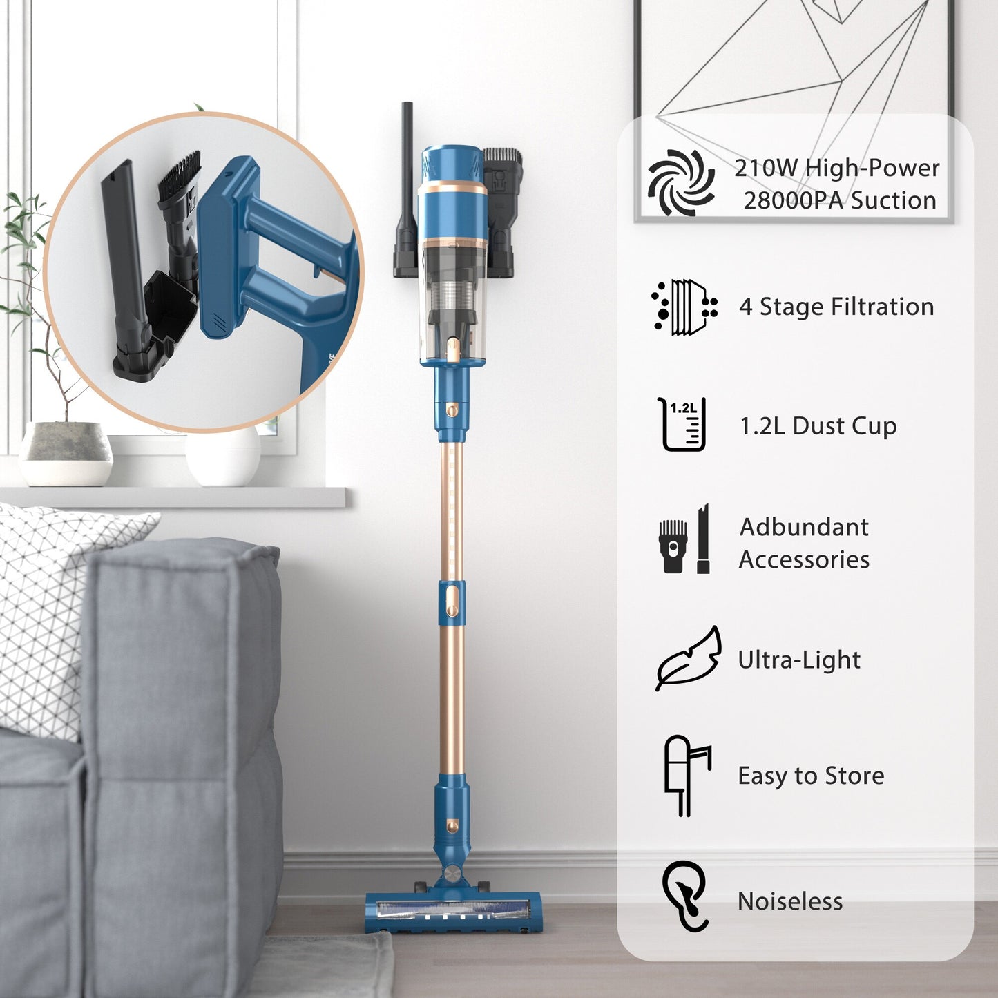 PRETTYCARE P2 Cordless Vacuum Cleaner Stick Vacuum with 28Kpa Powerful Suction 6-in-1 Vac with Brushless Motor Cleaner