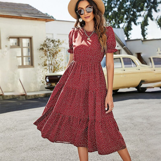 Puff Short Sleeve Dress Women Summer Casual Polka Dot Print Ruffle Big Hem Beach Long Dress Elegant Red Midi Party Dresses 2022