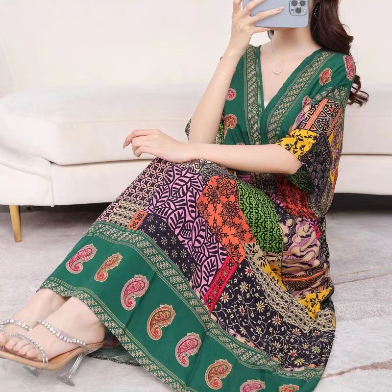 Casual Elegant Retro Style V-neck Tunic Large Swing Printed Dress Long Skirt