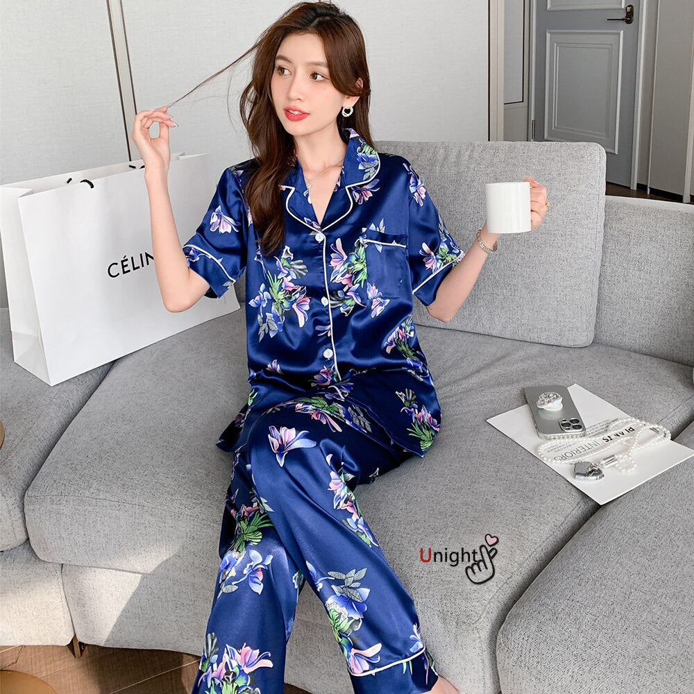 Summer Silk Pajamas 2-piece Set Sleepwear Short-sleeved Trousers Suit S Women's Plus Size Homewear Lingerie 5XL 7XL 8XL Pijama
