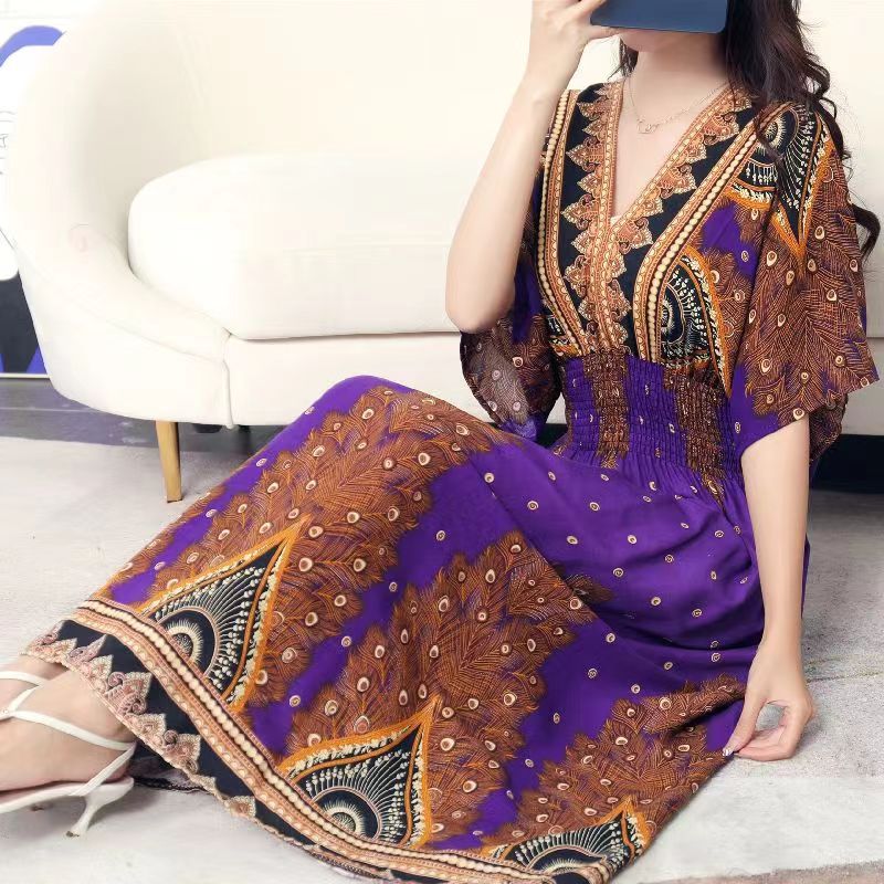 Casual Elegant Retro Style V-neck Tunic Large Swing Printed Dress Long Skirt
