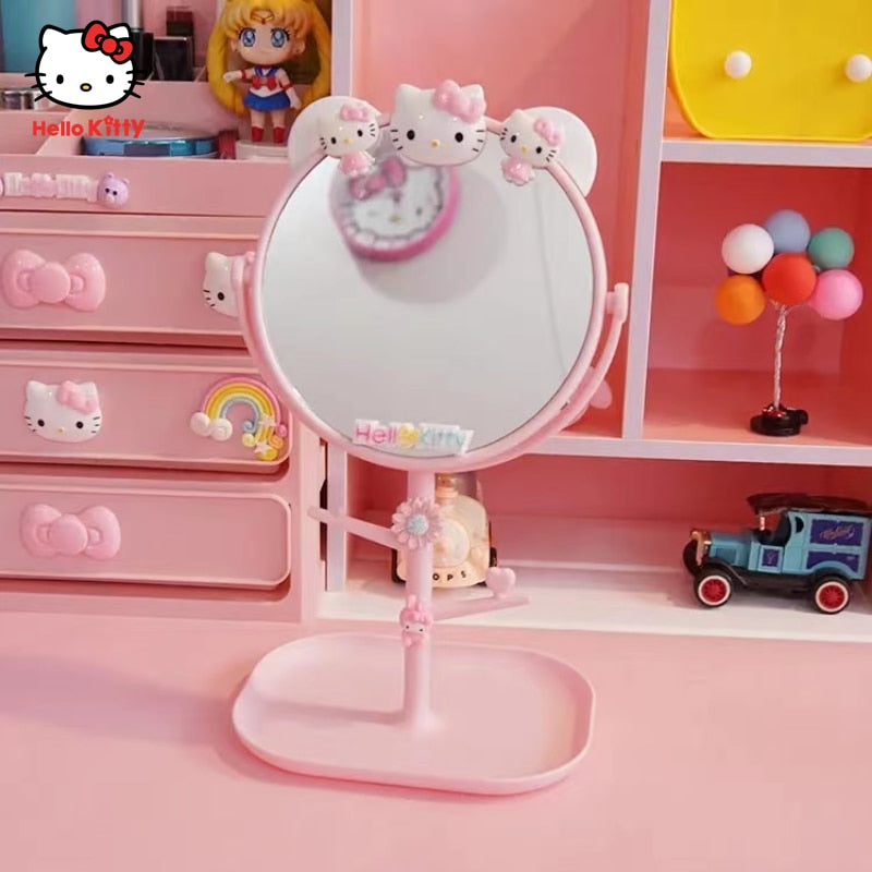 Kawaii Hello Kitty Portable Cartoon Folding Mirror Desk Mirror Round Desk Girl Cute Dressing Mirror Makeup Mirror Handle Mirror