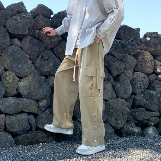 Purple Wide Leg Hip Hop Cargo Pants Button Decor Men Casual Cotton Pants Loose Baggy Trousers Streetwear Joggers Men Clothing