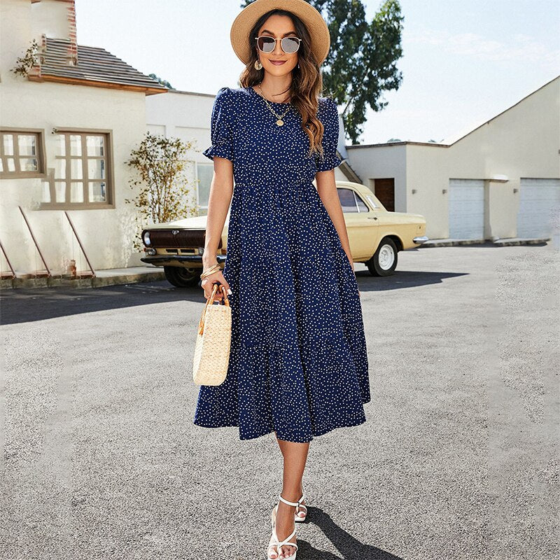 Puff Short Sleeve Dress Women Summer Casual Polka Dot Print Ruffle Big Hem Beach Long Dress Elegant Red Midi Party Dresses 2022