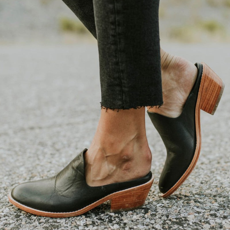 Woman Mid Thick Heels 2021 Women Leather Sewing Slipper Ladies Round Toe Women's Slip On Female Comfortable Shoes Plus Size 43