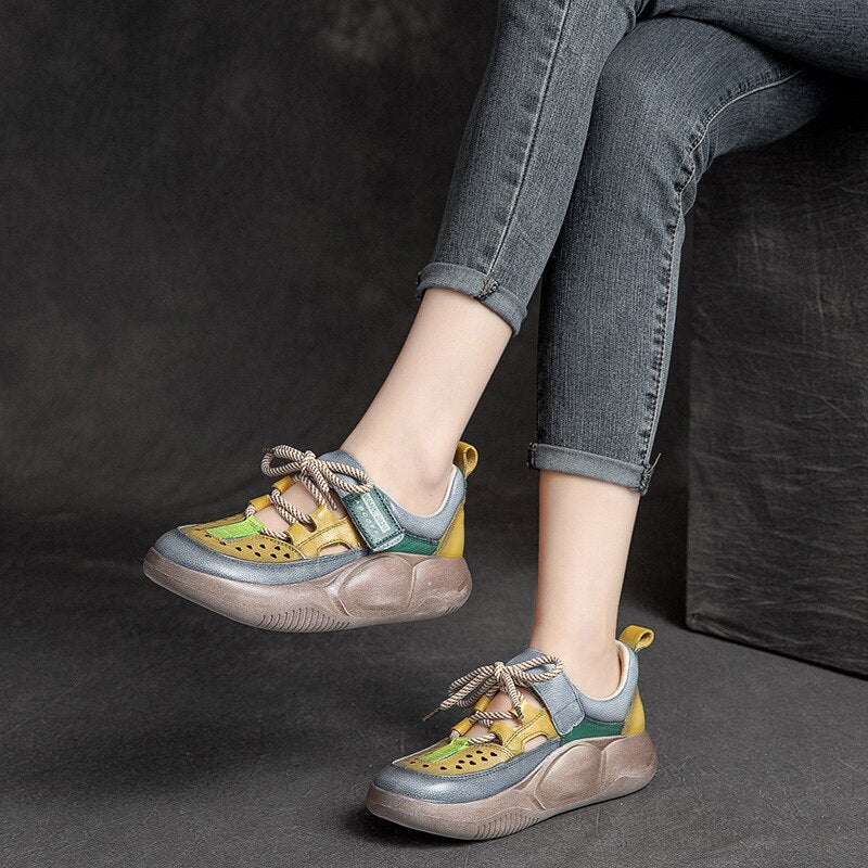 GKTINOO Hook & Loop Shoes Women Sneakers Genuine Leather Mixed Colors 2023 New Handmade Comfortable Retro Platform Sneakers