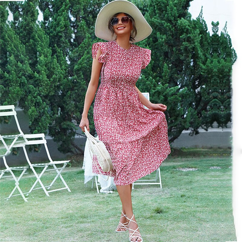 Summer Floral Midi Dress Women Sexy Ruffle Big Hem Short Sleeve Holiday Beach Dress Casual Elegant Red Long Party Dresses 2022