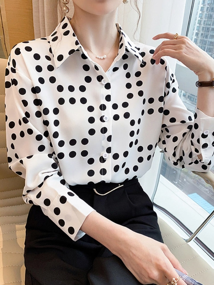 Autumn Fashion Elegant Women Polka Dot Shirts Long Sleeve Vintage Slim Casual Blouses Female Chic Party Formal Clothes Tops