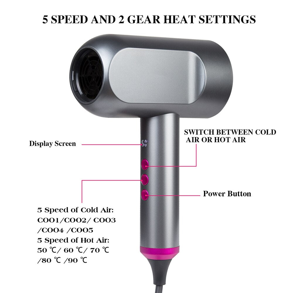 Anion Hair Dryer Hot and Cold Strong Wind Blower Powerful Smart Control Blow 5Speed 2 Gear Heat Setting Care Nozzle