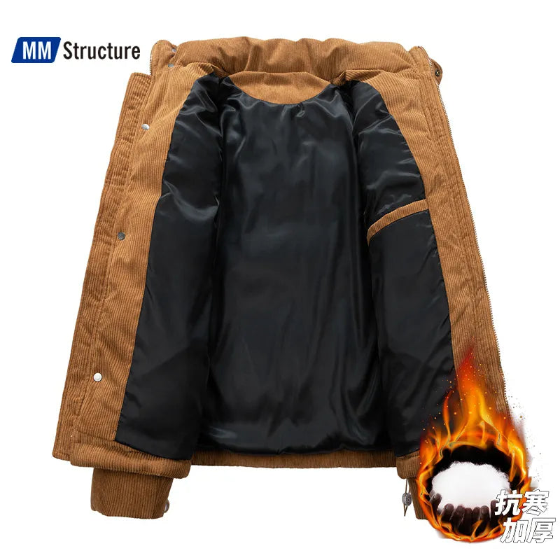 Winter Warm Parkas Men Corduroy Patchwork Military Stand Collar Loose Oversize Warm Cotton Jacket Casual Fashion Brand Coat