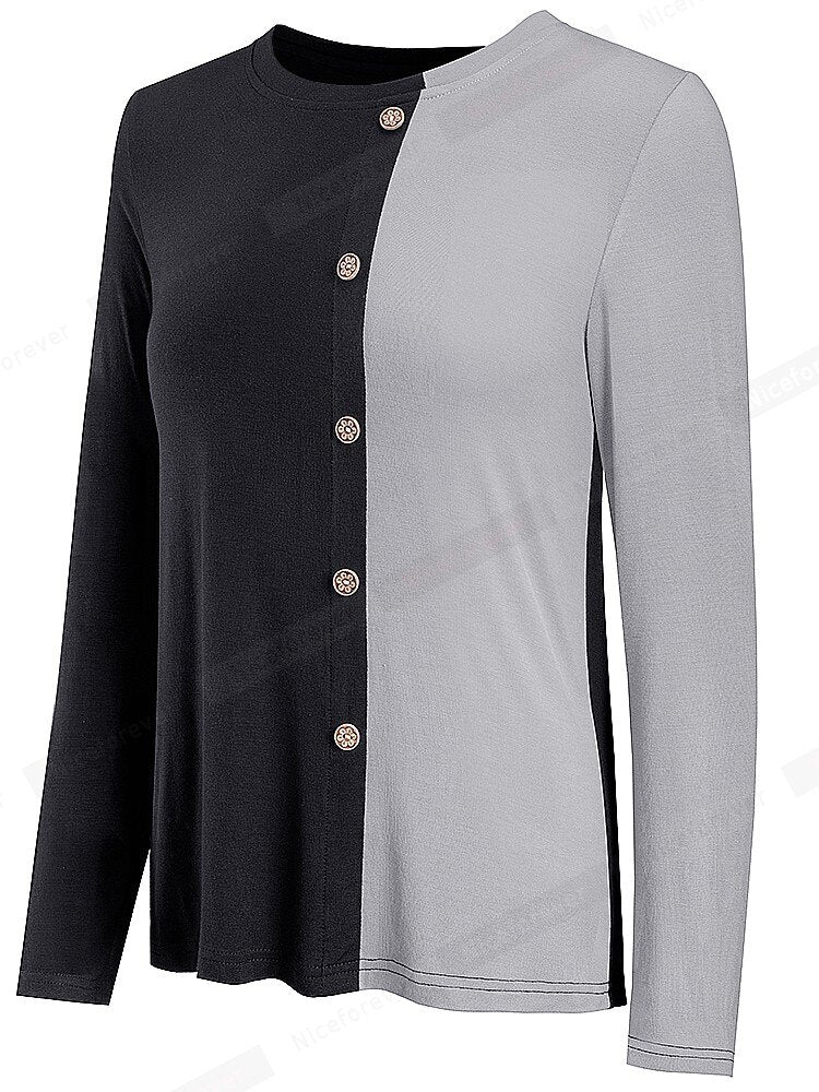Nice-Forever Autumn Women Classic Contrast Color Patchwork T-Shirts Casual Loose Tees Tops btyT061