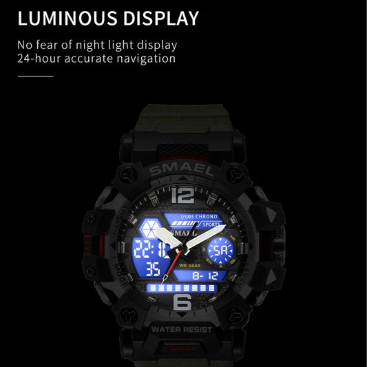 SMAEL Men Watches 50m Waterproof Sports Watch Military Man Sports Watch Digital 8072 Dual Display Watch Quartz Led Digital