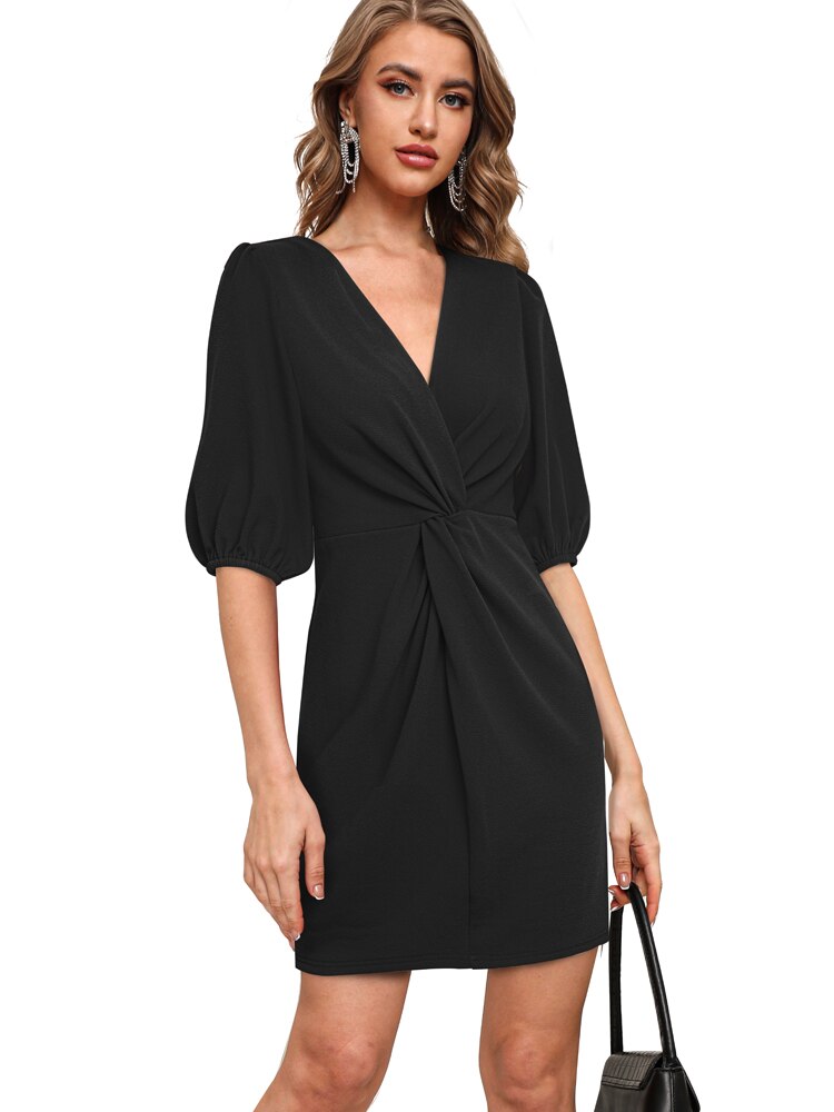 Nice-forever Summer Women Sexy Low Cut with Knot Plain Dresses Club Party Straight Dress A310