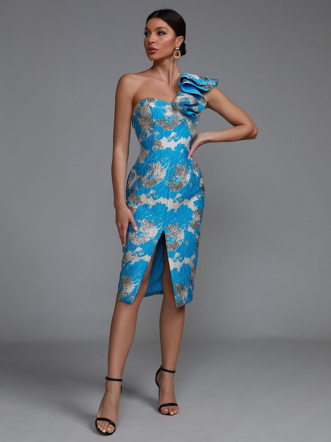 Luxury Party Dress Women Elegant Bodycon Dress Blue Ruffle One Shoulder Midi Sexy Mermaid Evening Birthday Club Outfit Summer