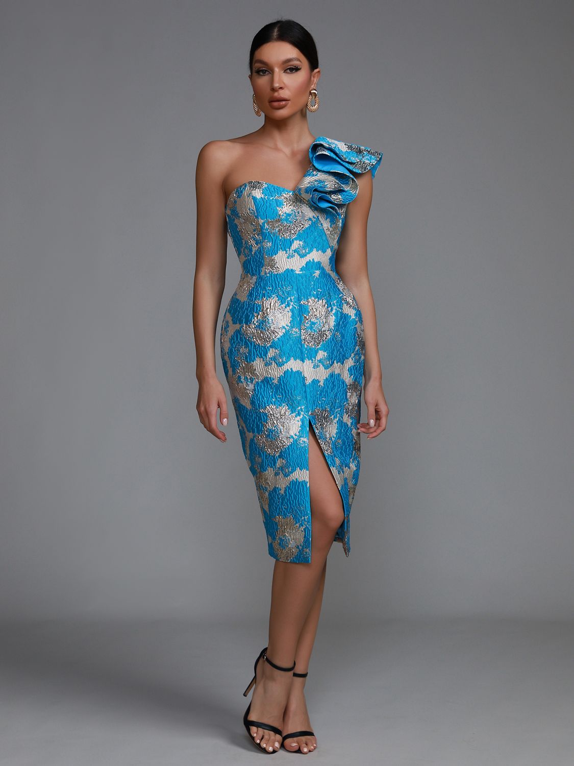 Luxury Party Dress Women Elegant Bodycon Dress Blue Ruffle One Shoulder Midi Sexy Mermaid Evening Birthday Club Outfit Summer