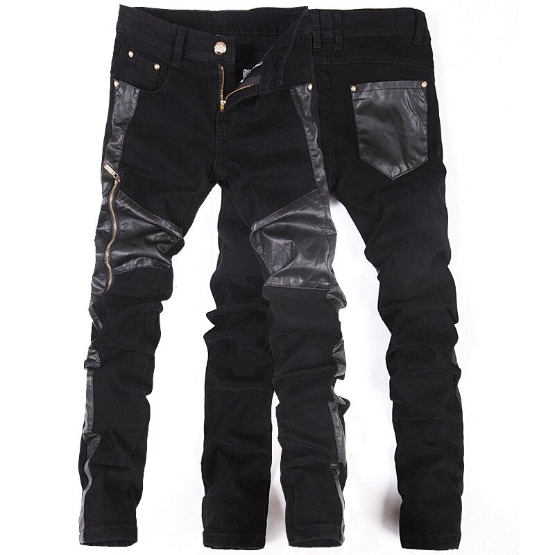 Fashion men leather trousers motorcycle with zipper casual pants skinny pants free shipping A107